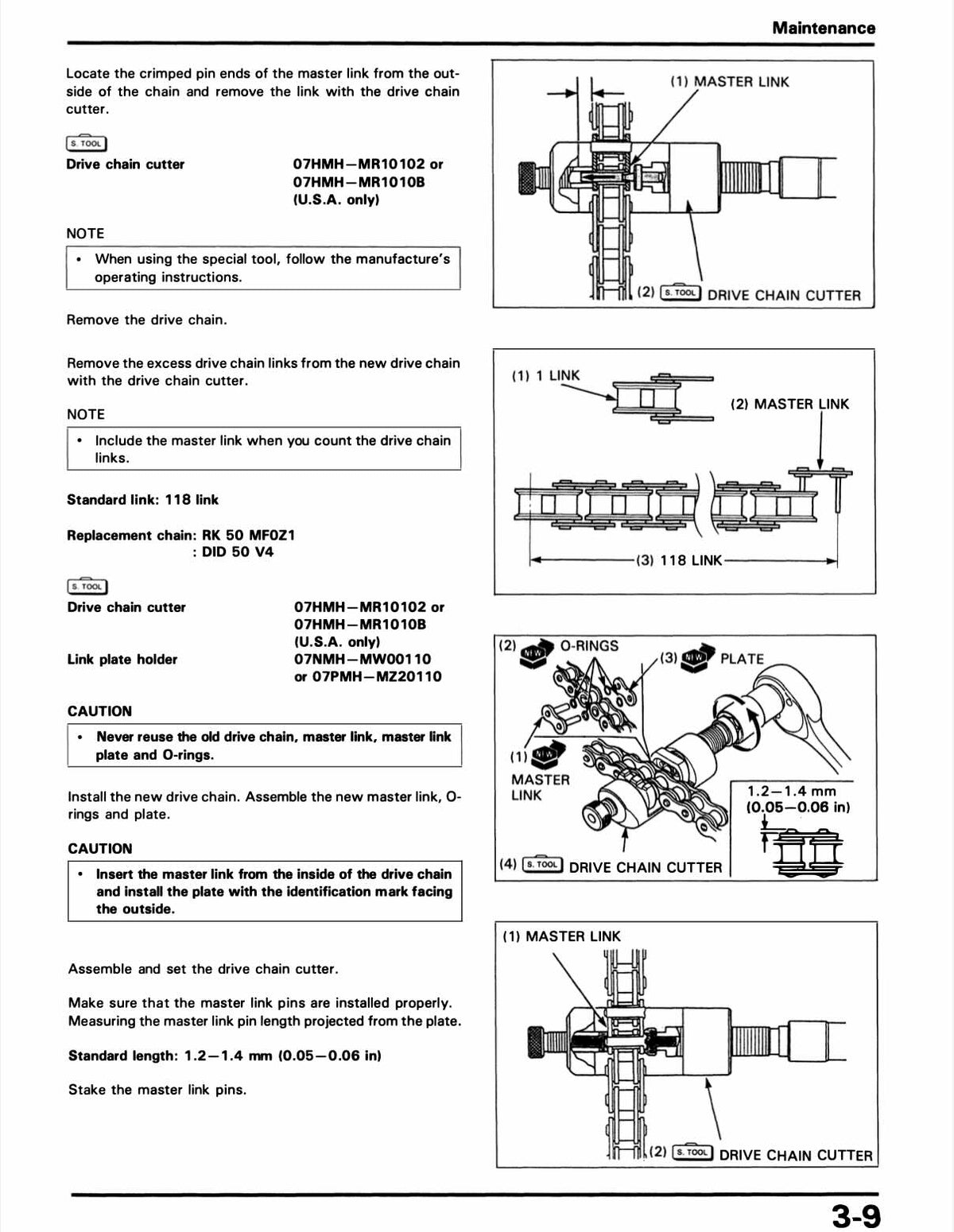 A black-and-white technical maintenance manual page showing assembly and installation instructions for a drive chain cutter, with labeled parts, notes, and dimensions.