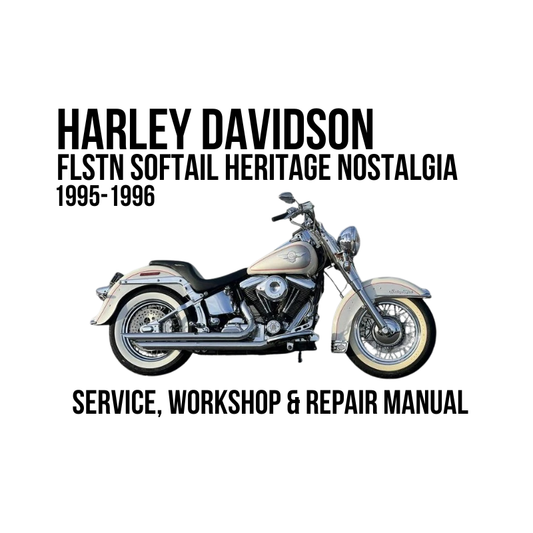 A book cover for a Harley-Davidson FLSTN Softail Heritage Nostalgia 1995-1996 service, workshop, and repair manual, featuring a side profile of a cream and chrome motorcycle on a white background.