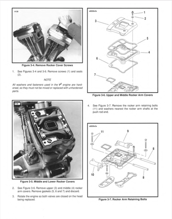 A printed page from an automotive service manual showing numbered assembly and removal diagrams for a rocker arm and related engine components, with small photos of the parts and labeled exploded views.