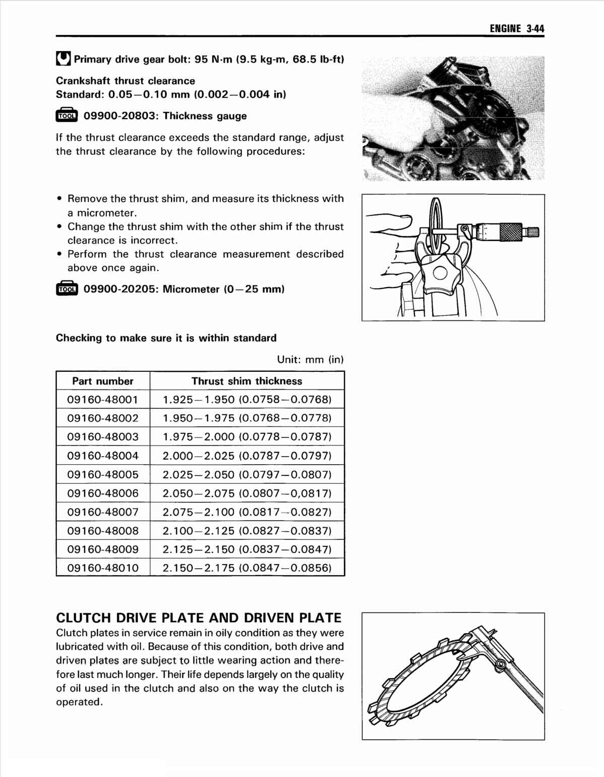Suzuki VS600 Intruder service manual page 3-44 crankshaft thrust clearance and clutch plate inspection
