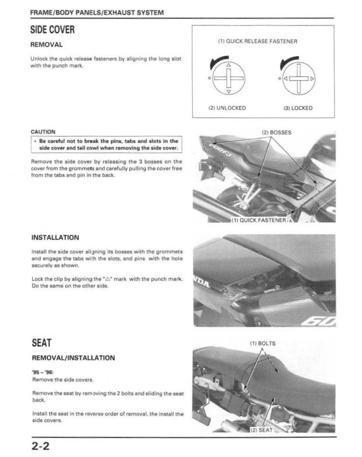 A page from a technical manual for a frame/body panels/exhaust system, showing side cover removal, installation, and seat removal/installation steps with diagrams and photos of a car body panel.