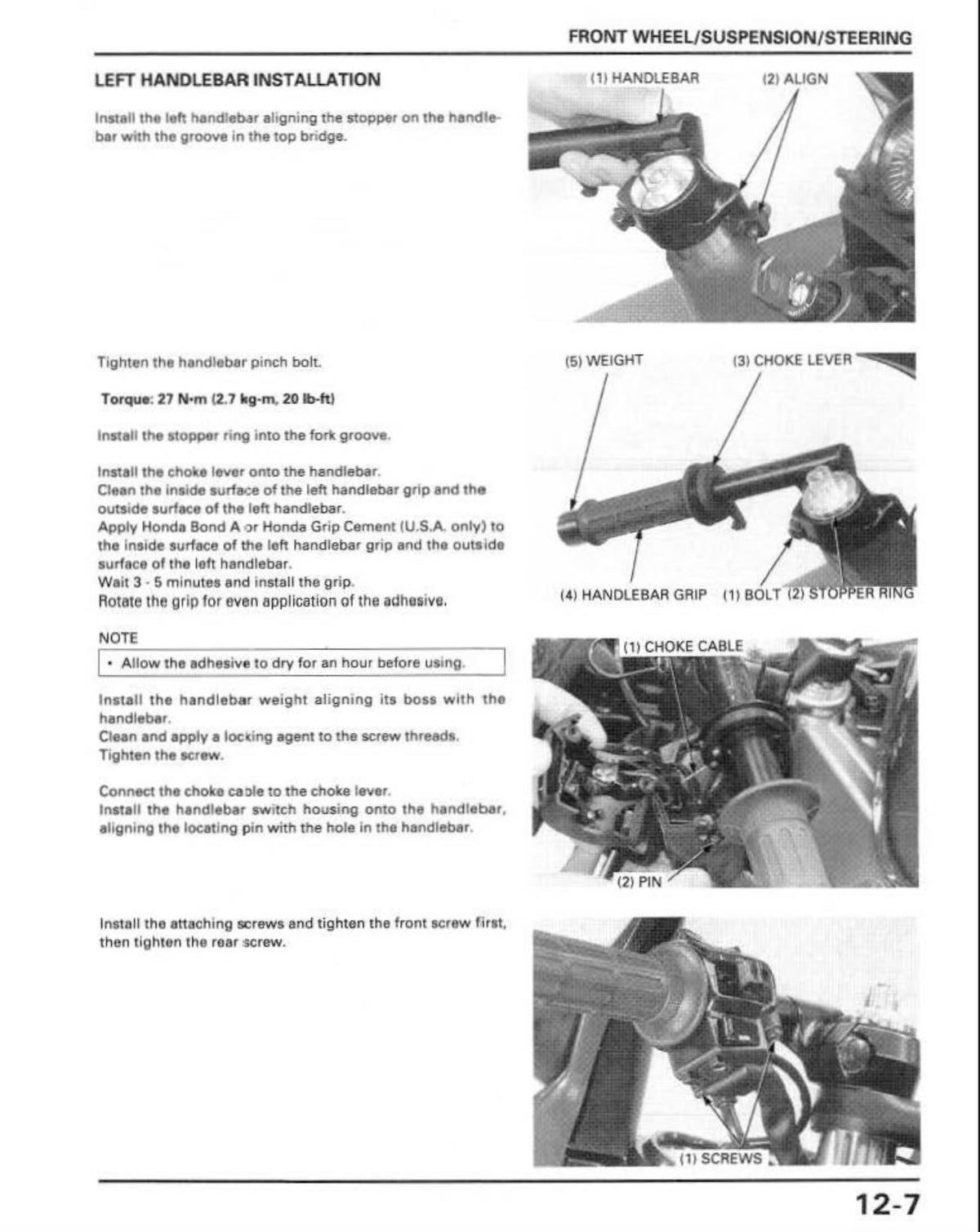 A printed installation and service manual page showing left handlebar installation with text instructions and multiple labeled photos of a motorcycle handlebar area, plus a small diagram. The page is mostly white with black text and grayscale images.
