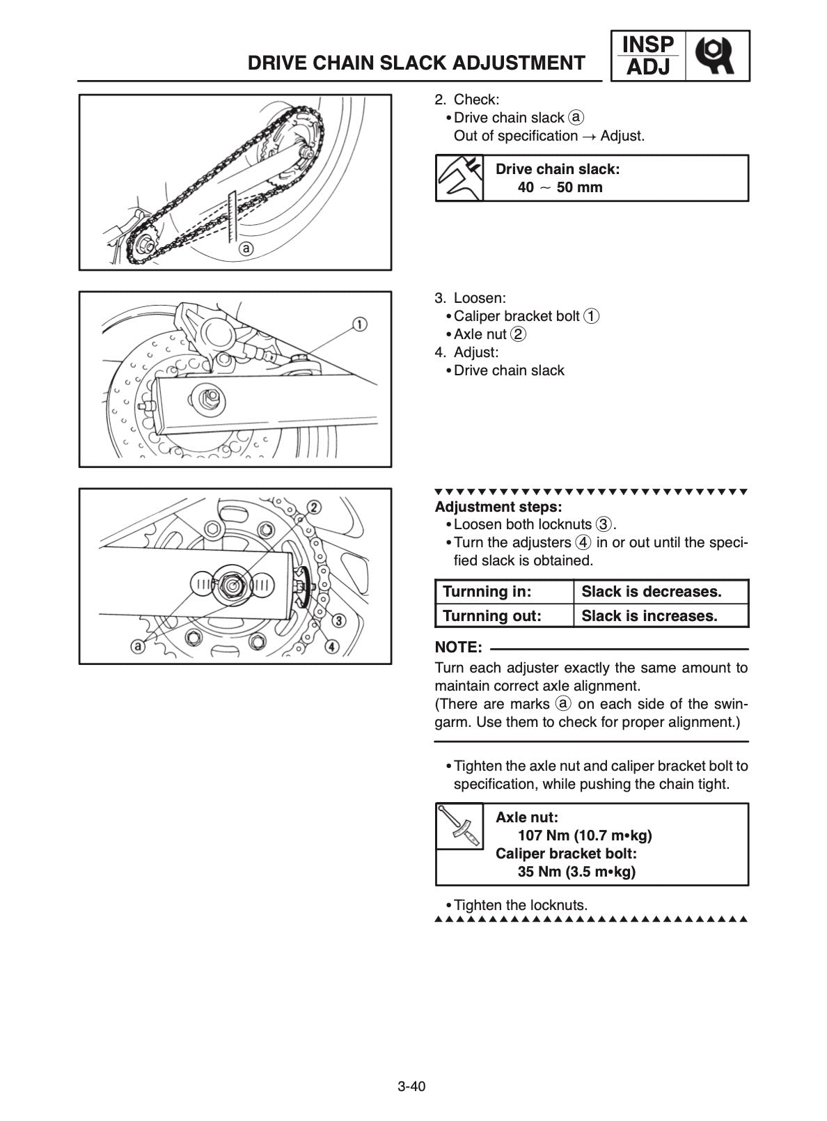 Yamaha TDM850 service manual page 3-40 with drive chain slack adjustment diagrams and torque specs