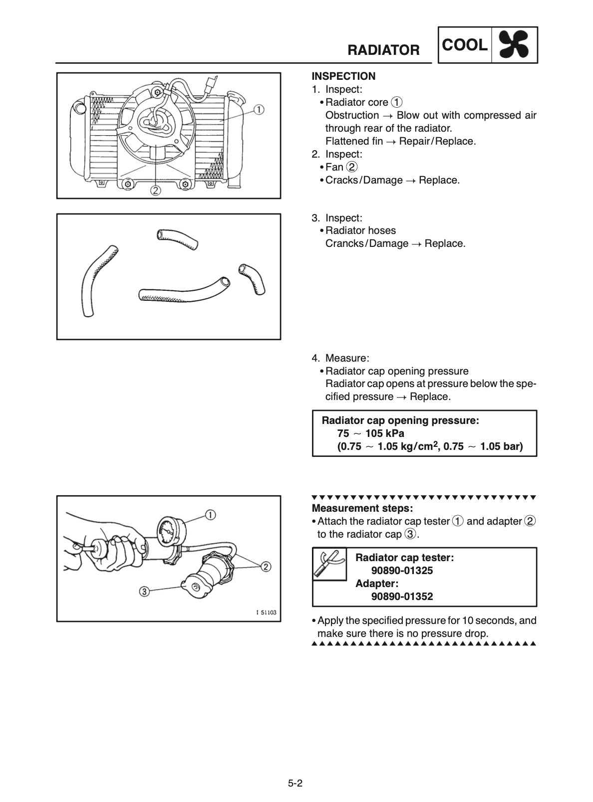 Yamaha TDM850 service manual page 5-2 with radiator core, fan, and hose inspection diagrams and cap pressure test