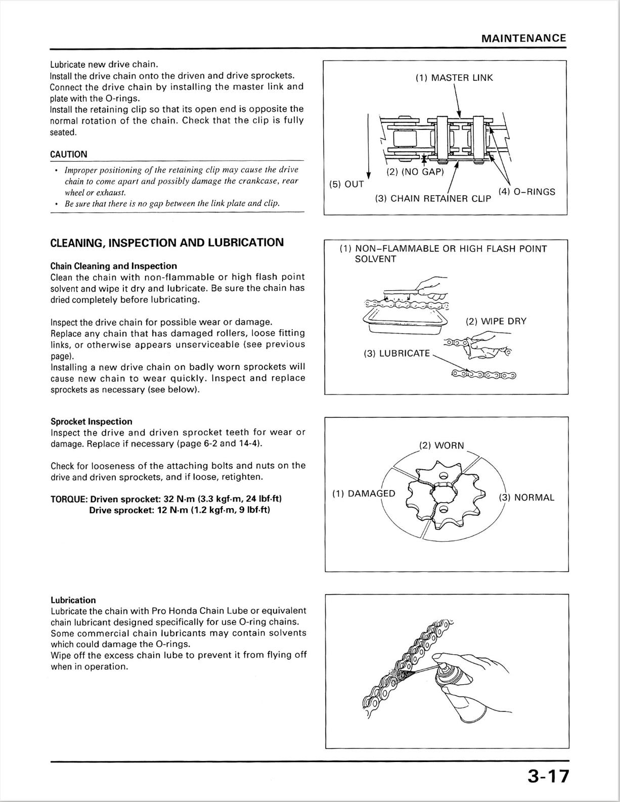 A black and white technical maintenance manual page with text instructions for chain maintenance, including diagrams for cleaning, inspection, lubrication, and torque specifications.