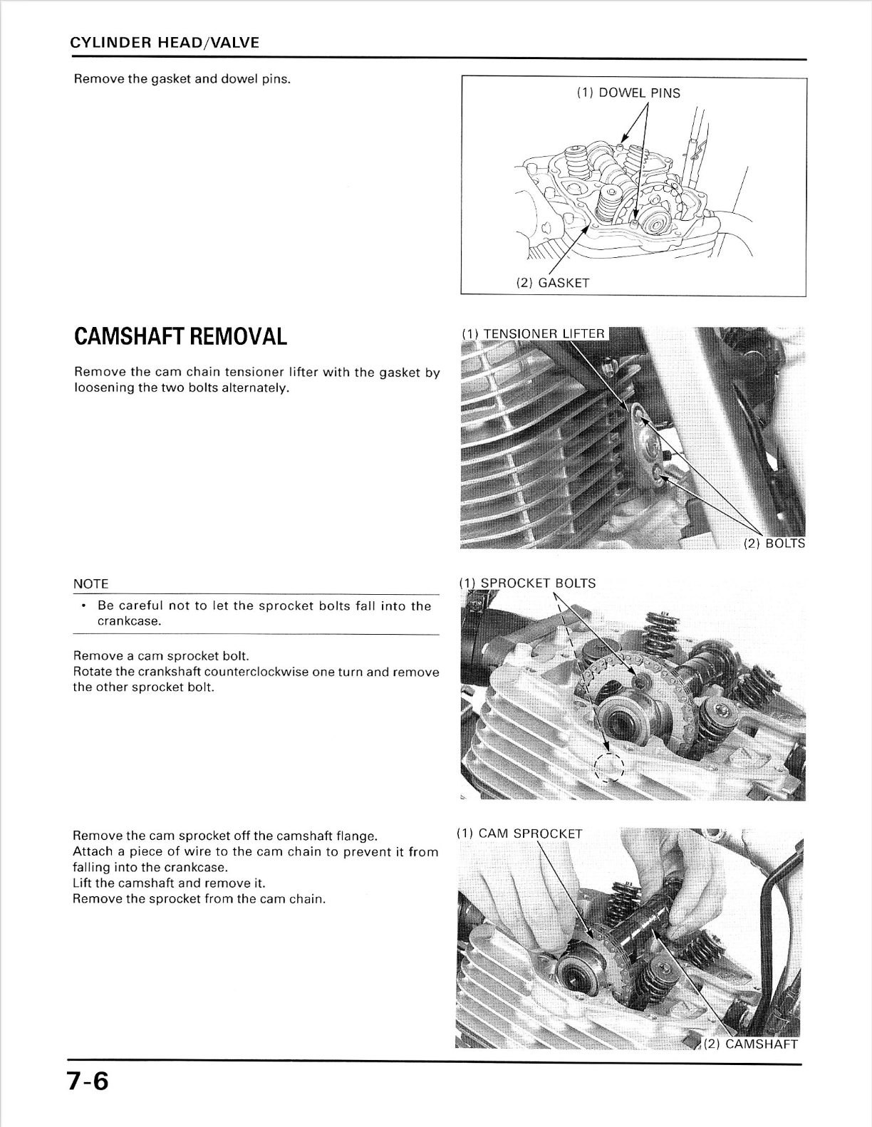 A printed technical page with labeled diagrams and notes for engine maintenance, including cylinder head valve gasket removal, camshaft removal, and sprocket bolts, shown on a white page.