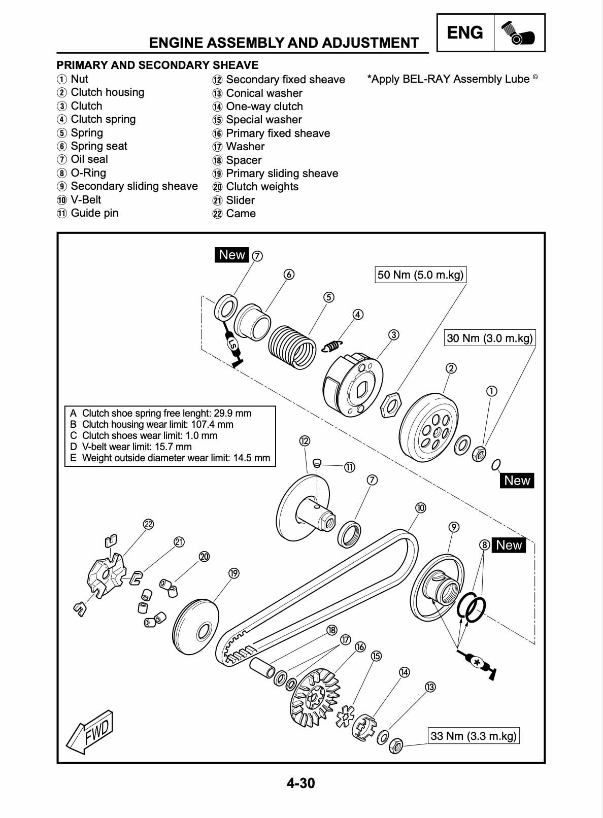 An exploded view technical diagram of an engine's primary and secondary sheaves, detailing assembly and adjustment with part names, weights, and torque specifications.