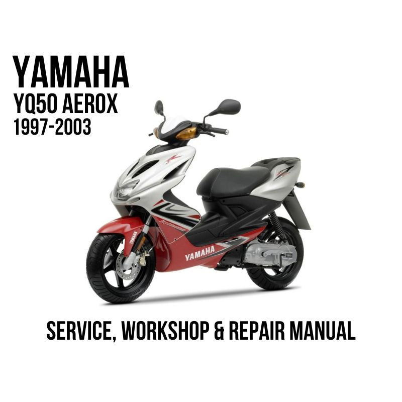1997-2003 Yamaha YQ50 Aerox 50cc service, workshop, and repair manual cover featuring a scooter on a white background with black text.