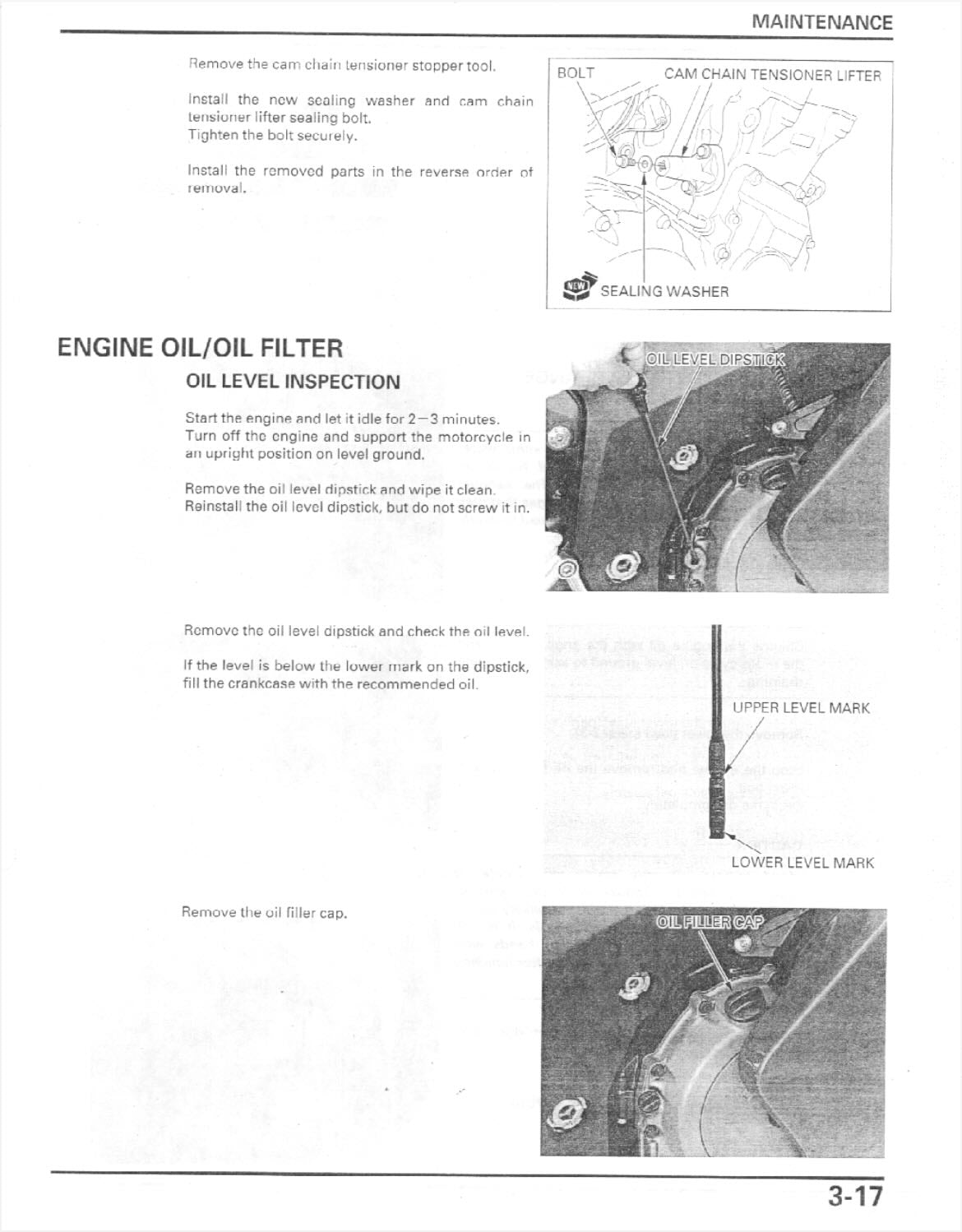 Honda CBR1100XX service manual page 3-17 engine oil level inspection photos of dipstick marks and filler cap