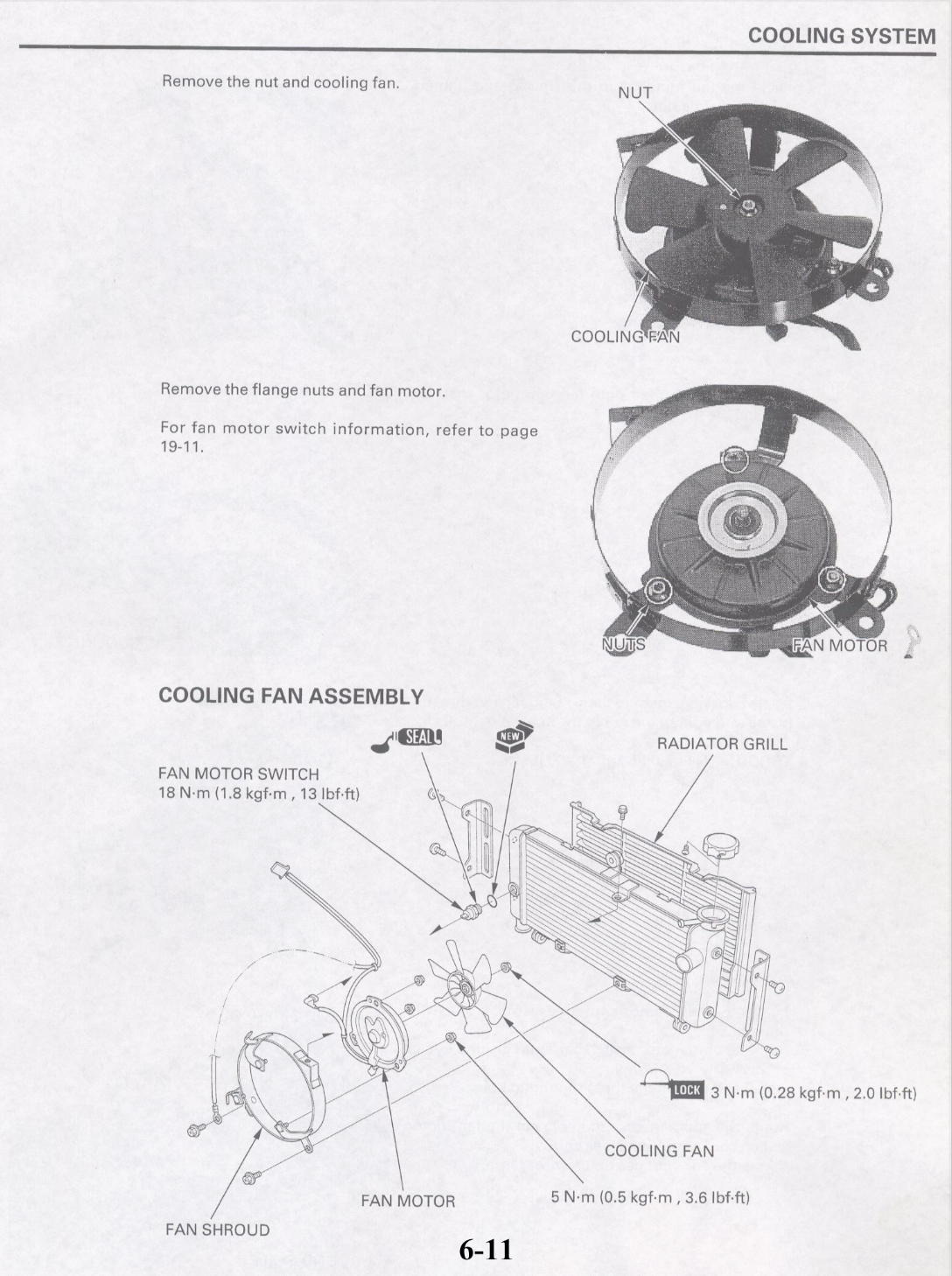 A technical service manual page for a cooling fan assembly, showing exploded views with labeled parts such as fan motor, fan shroud, radiator grill, and cooling fan on a white background.