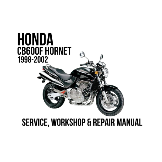 A black and silver Honda CB600F Hornet motorcycle is shown on a white background with bold black text reading 'HONDA CB600F HORNET 1998-2002' and 'SERVICE, WORKSHOP & REPAIR MANUAL'.
