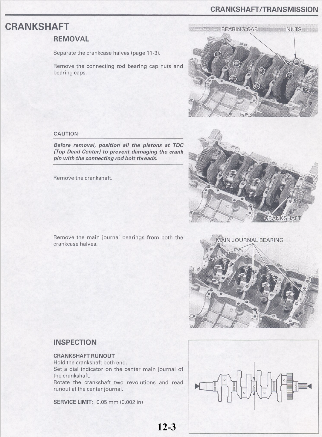 A technical service manual page for a crankshaft removal and inspection procedure, featuring labeled diagrams and cross-sections of a transmission crankshaft with notes and service limits.