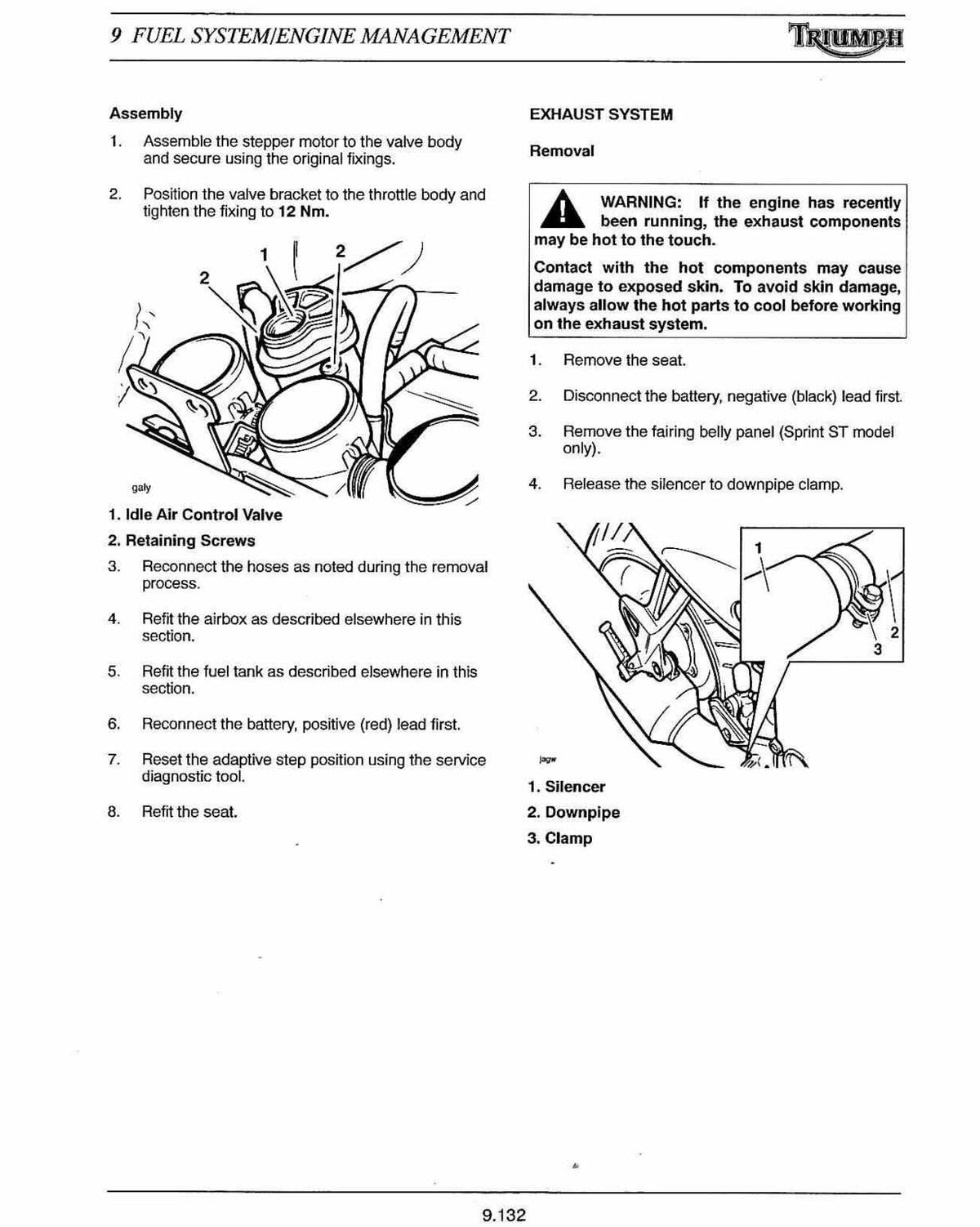 Triumph Sprint ST service manual page with idle air control valve assembly diagram and exhaust silencer clamp removal