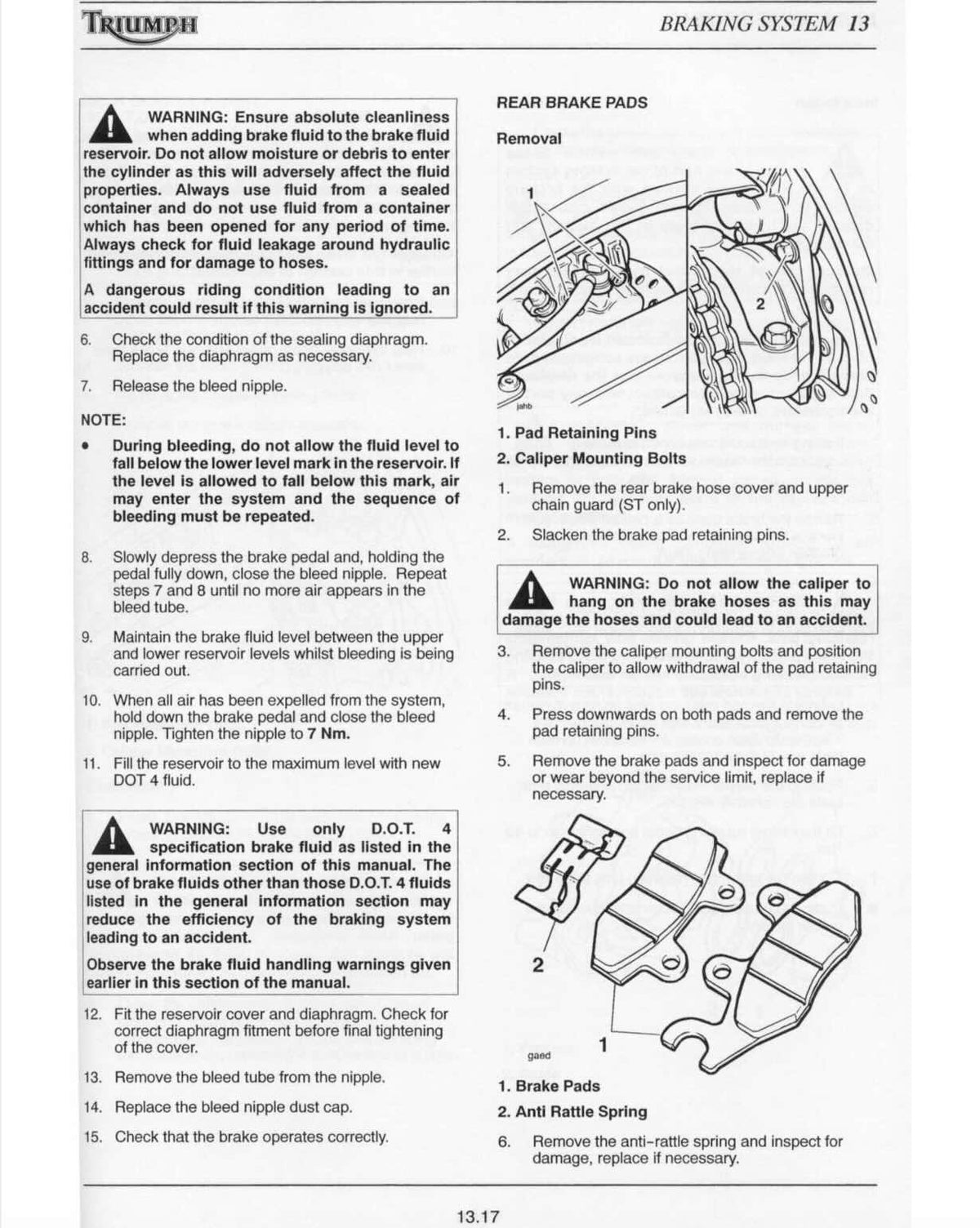 Triumph Sprint ST service manual page with rear brake pads removal diagrams showing retaining pins and anti-rattle spring
