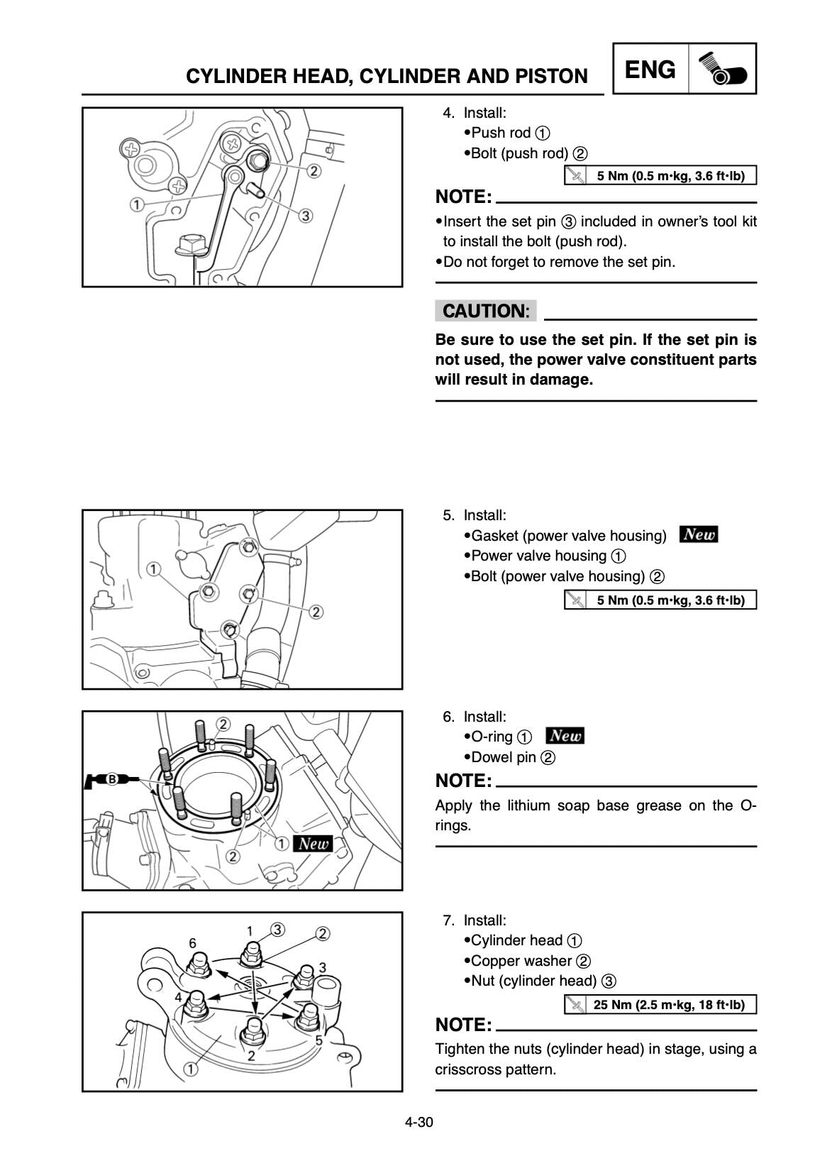 Yamaha YZ250 service manual page 4-30 with cylinder head and power valve housing installation diagrams and torque specs