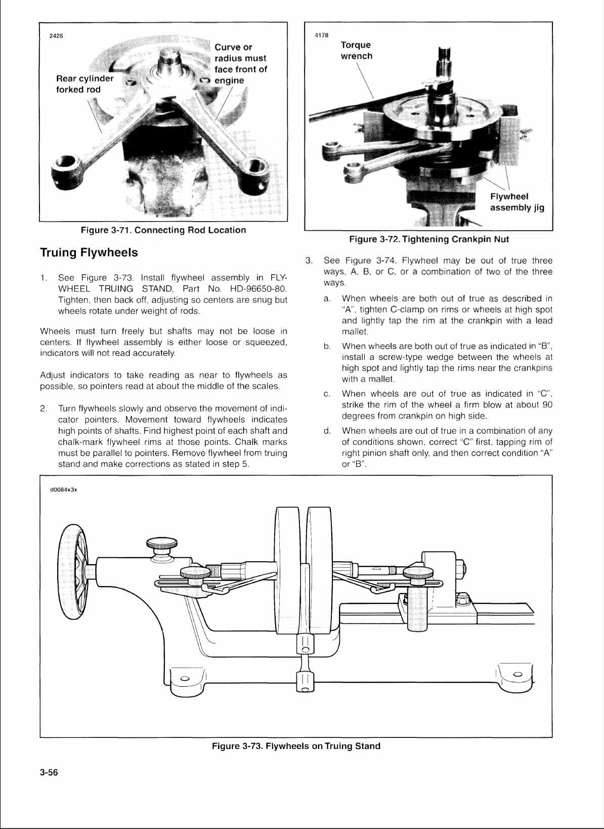 Harley-Davidson Softail service manual page 3-56 truing flywheels section with connecting rod location diagram showing rear cylinder forked rod, crankpin nut tightening procedure using torque wrench and flywheel assembly jig, and detailed flywheel truing stand apparatus with adjustment instructions