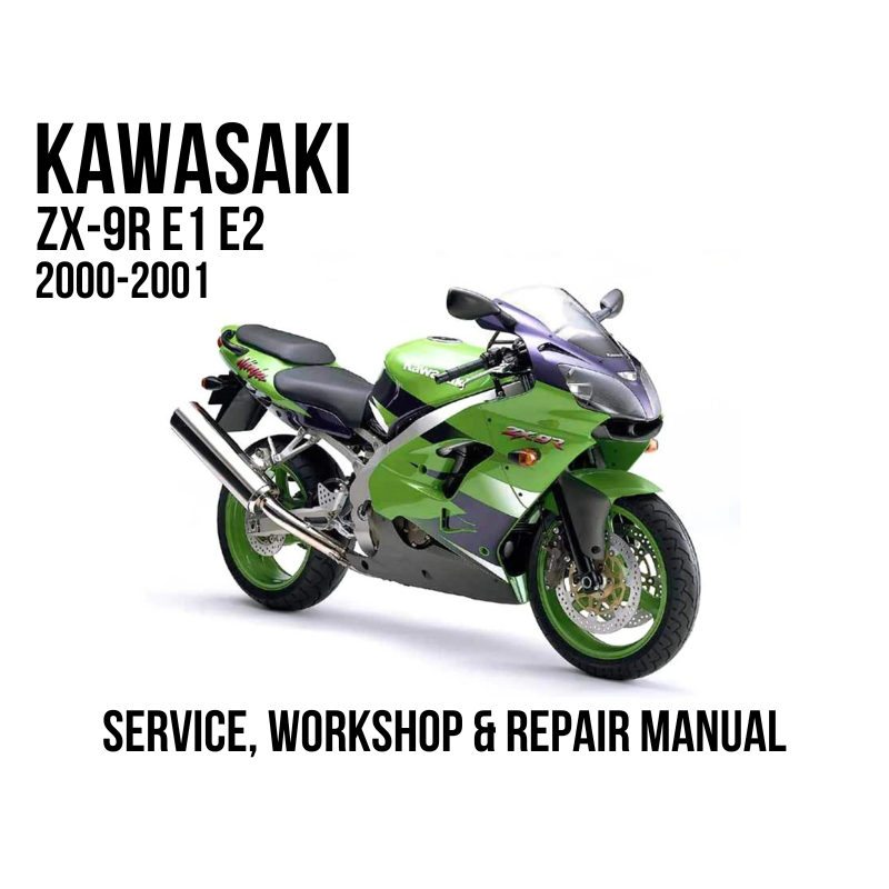 A 2000-2001 Kawasaki ZX-9R ZX900 Ninja E1 E2 shown on a white background with text reading 'SERVICE, WORKSHOP & REPAIR MANUAL'.