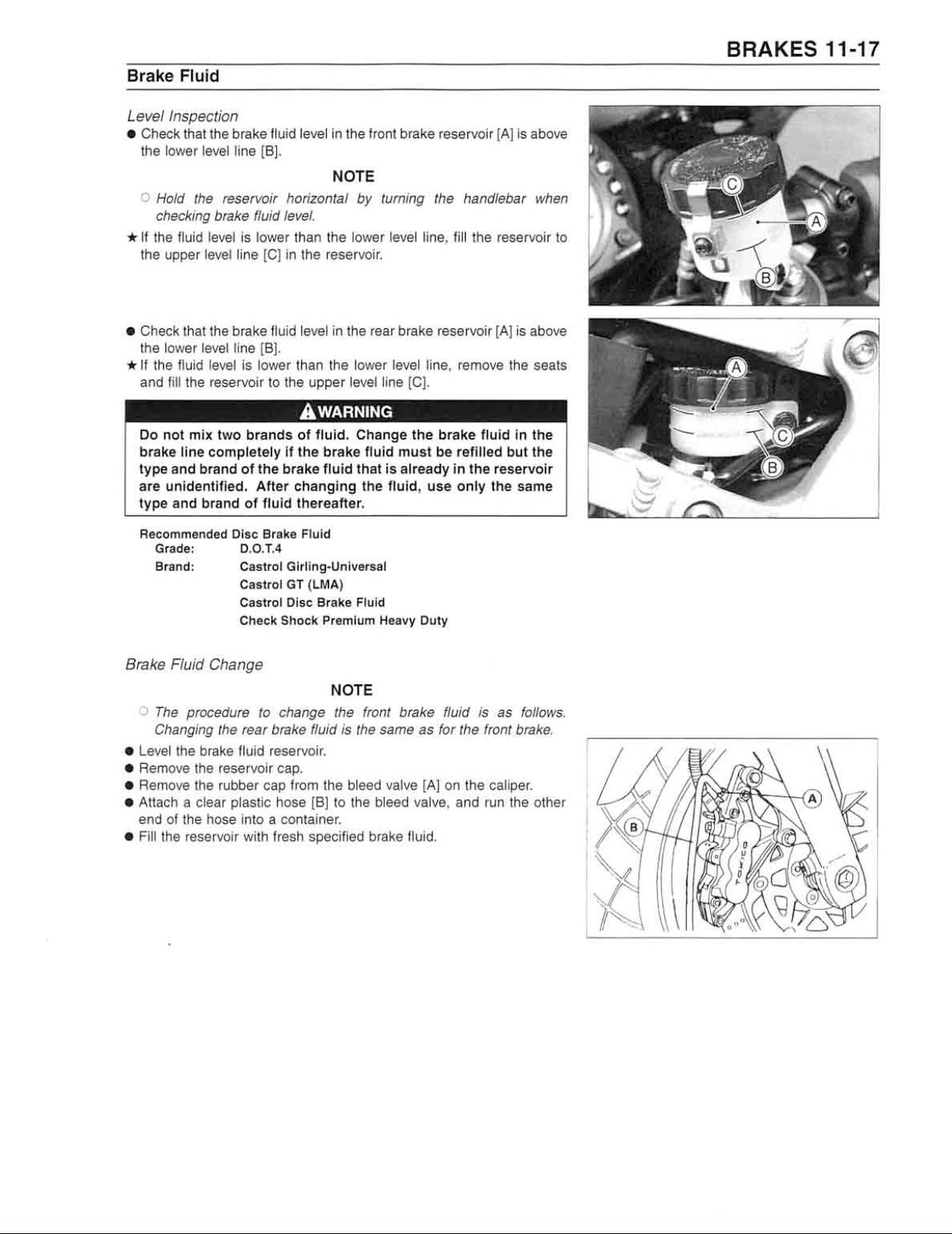 A page from a brake fluid service manual with text instructions, notes, and a small product photo showing a bottle of brake fluid and a reservoir line diagram.
