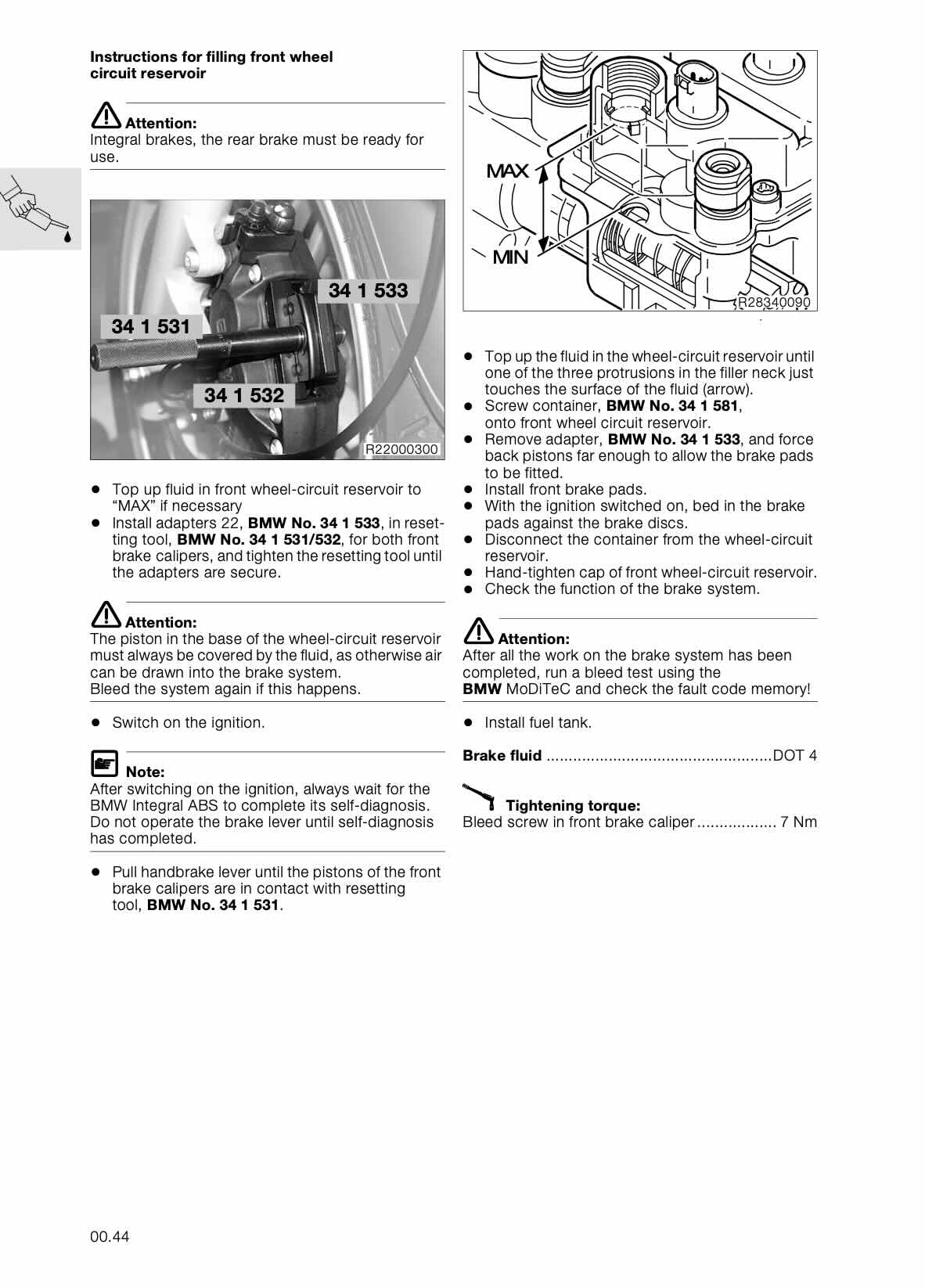 BMW R1150 RT service manual page 00.44 front wheel circuit reservoir filling photos and level diagram