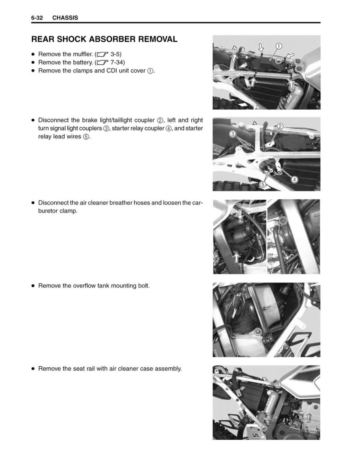 Suzuki DR-Z400S service manual page 6-32 with rear shock absorber removal photos showing CDI cover and electrical couplers