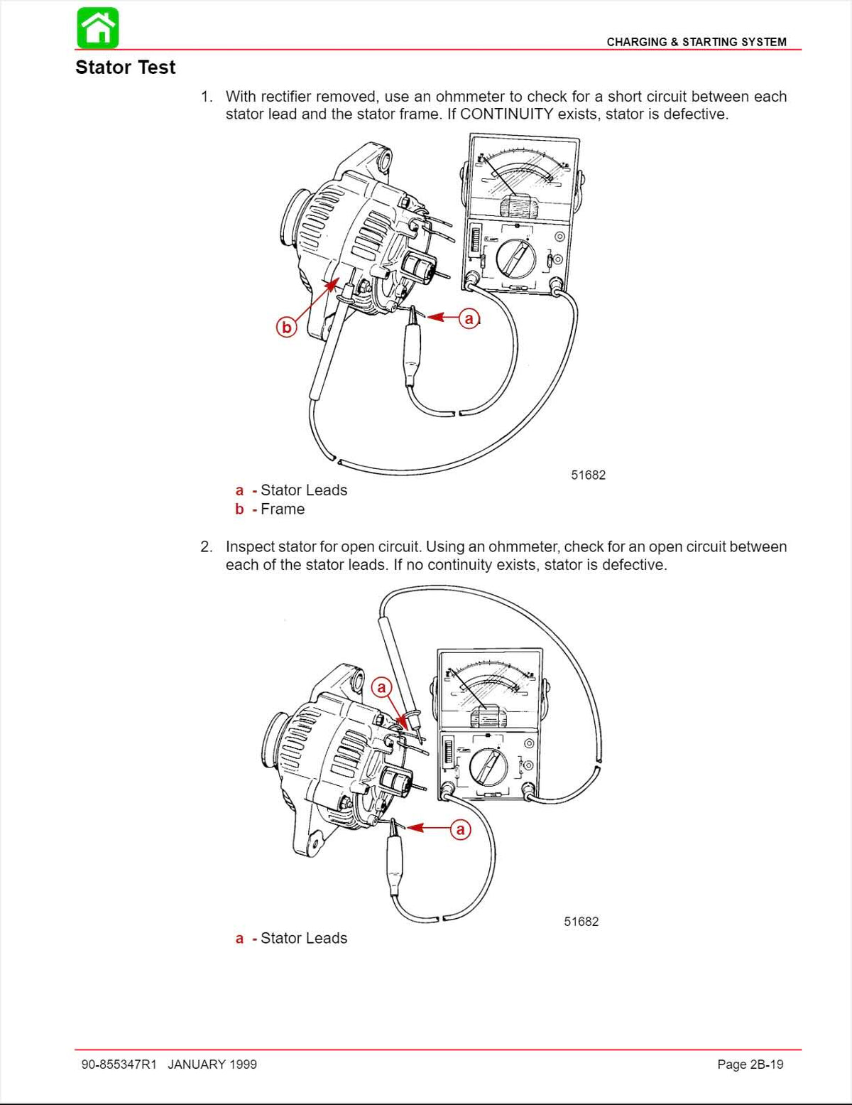 Mercury OptiMax service manual page with stator test diagrams showing ohmmeter checks for short and open circuits