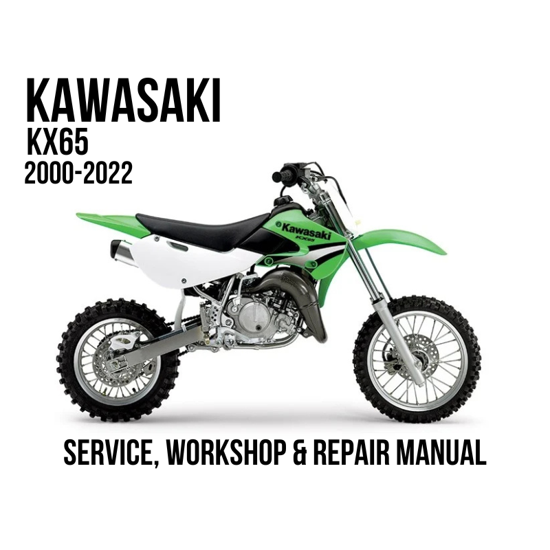 A green and white Kawasaki KX65 dirt bike shown in side profile on a light gray background, with text reading 'KAWASAKI KX65 2000-2022' and 'SERVICE, WORKSHOP & REPAIR MANUAL'.