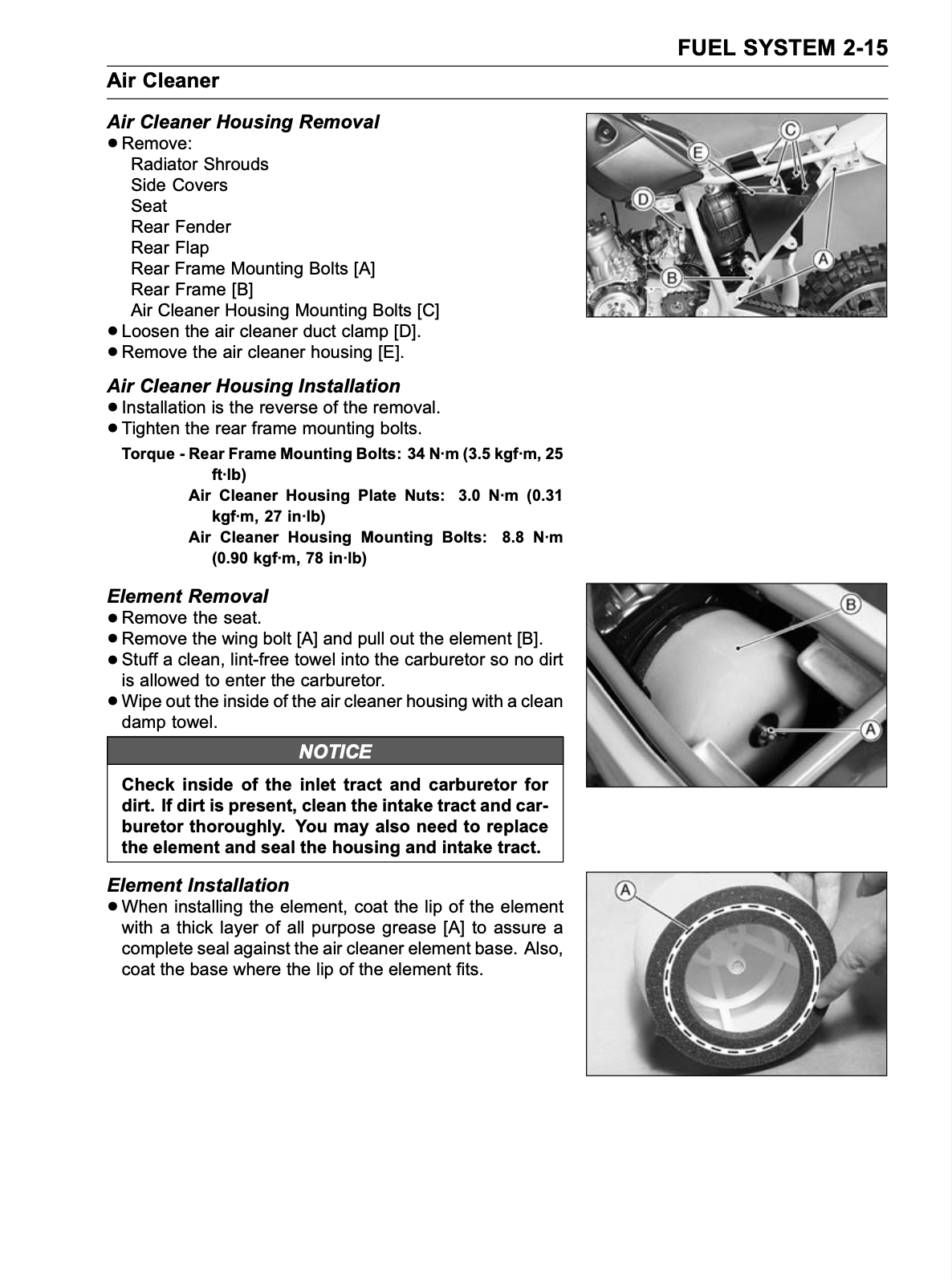 A black and white technical service manual page for a fuel system air cleaner, showing removal and installation procedures with labeled diagrams and torque specifications.