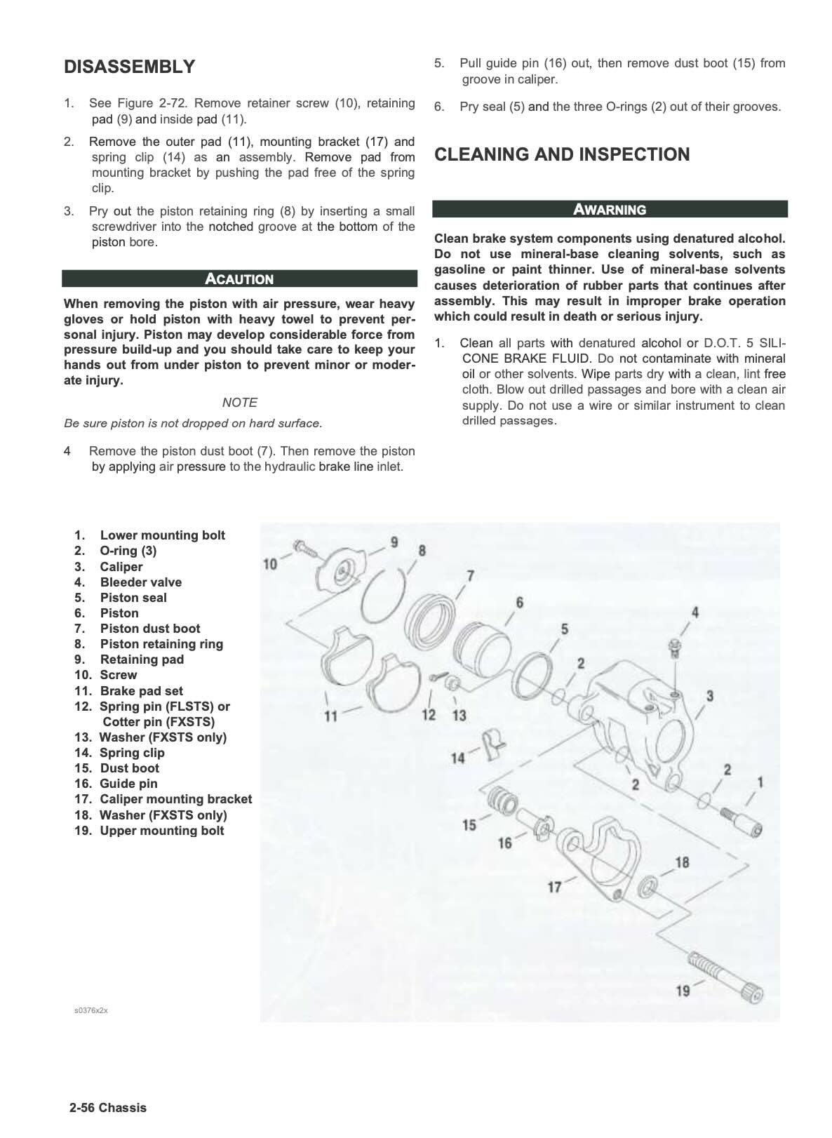 A technical service manual page showing the disassembly and cleaning procedure for a piston rod and caliper assembly, with numbered steps, caution and warning text, and line drawings of the parts.