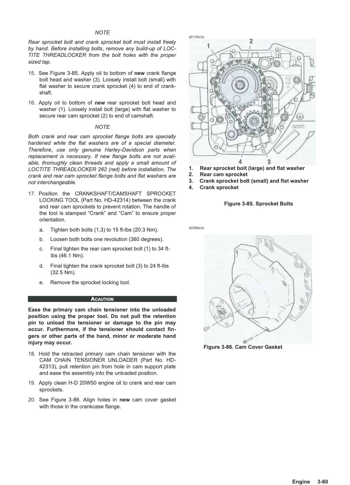 A technical service manual page showing exploded views of a crank sprocket and cam cover gasket, with numbered steps, notes, and cross-section diagrams on a white background.