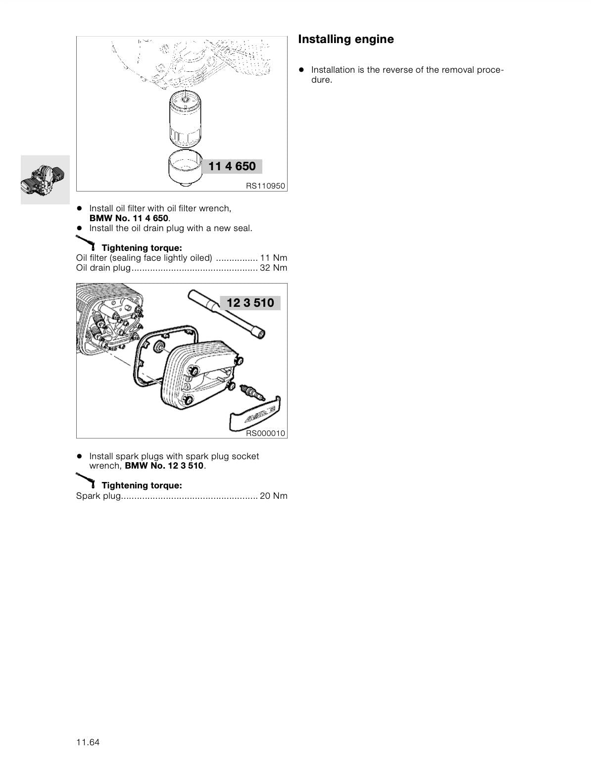BMW R1150 GS service manual page with oil filter and spark plug installation diagrams plus torque specs