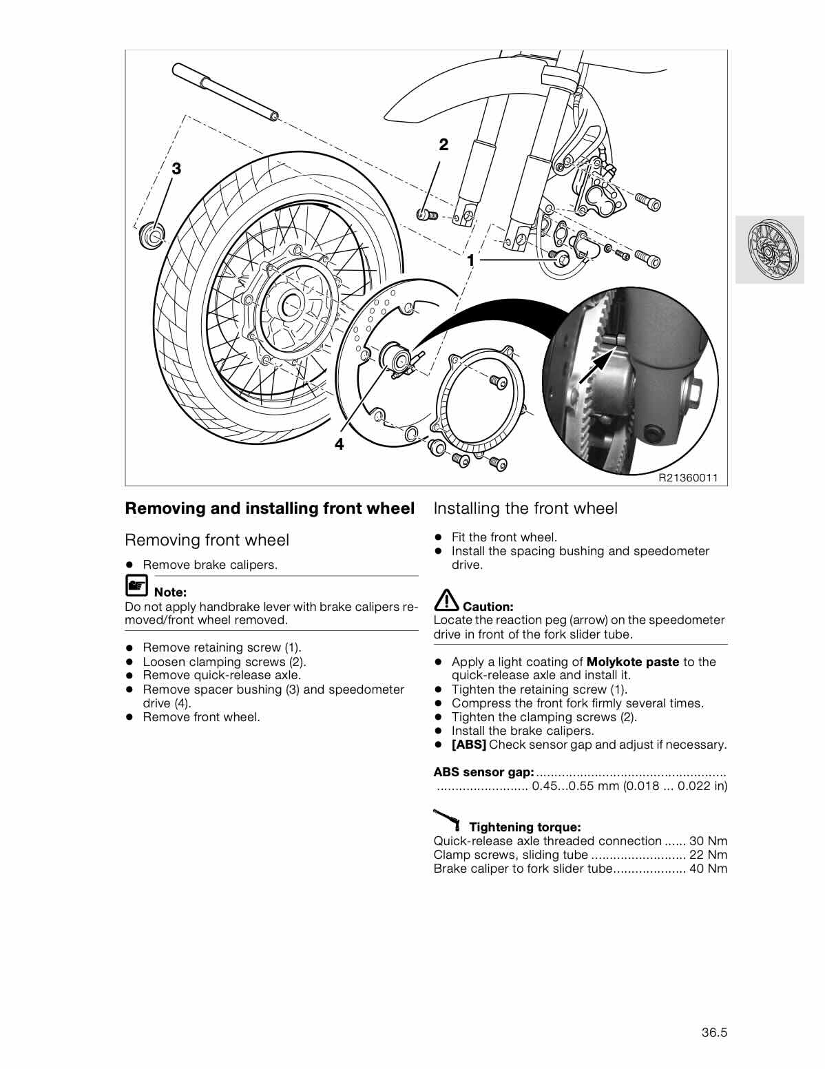 BMW R1150 GS service manual page with front wheel removal diagram showing quick-release axle and speedometer drive
