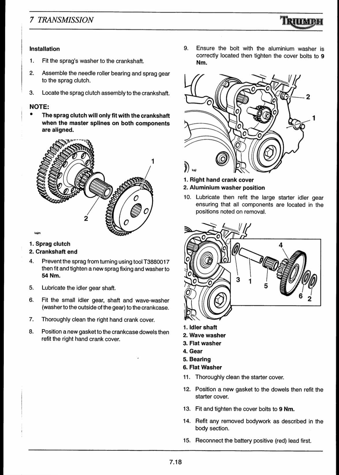Triumph Daytona 955i service manual page 7.18 with sprag clutch installation steps and diagrams of crank cover and idler gear assembly