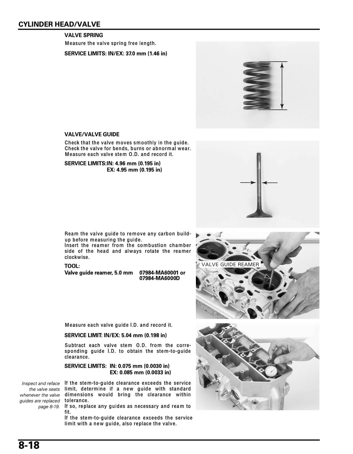 Honda Goldwing service manual page with valve spring free length and valve guide reaming measurement photos
