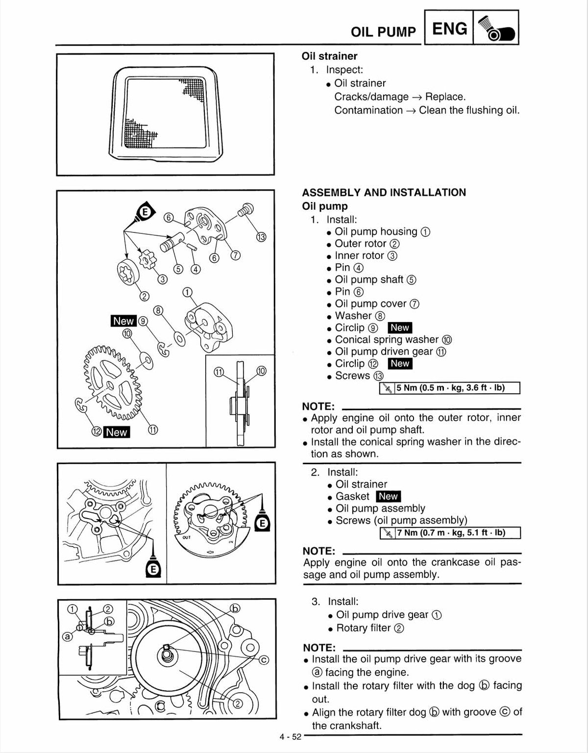 Yamaha TTR125 service manual page 4-52 with oil pump assembly diagrams, strainer inspection and installation steps