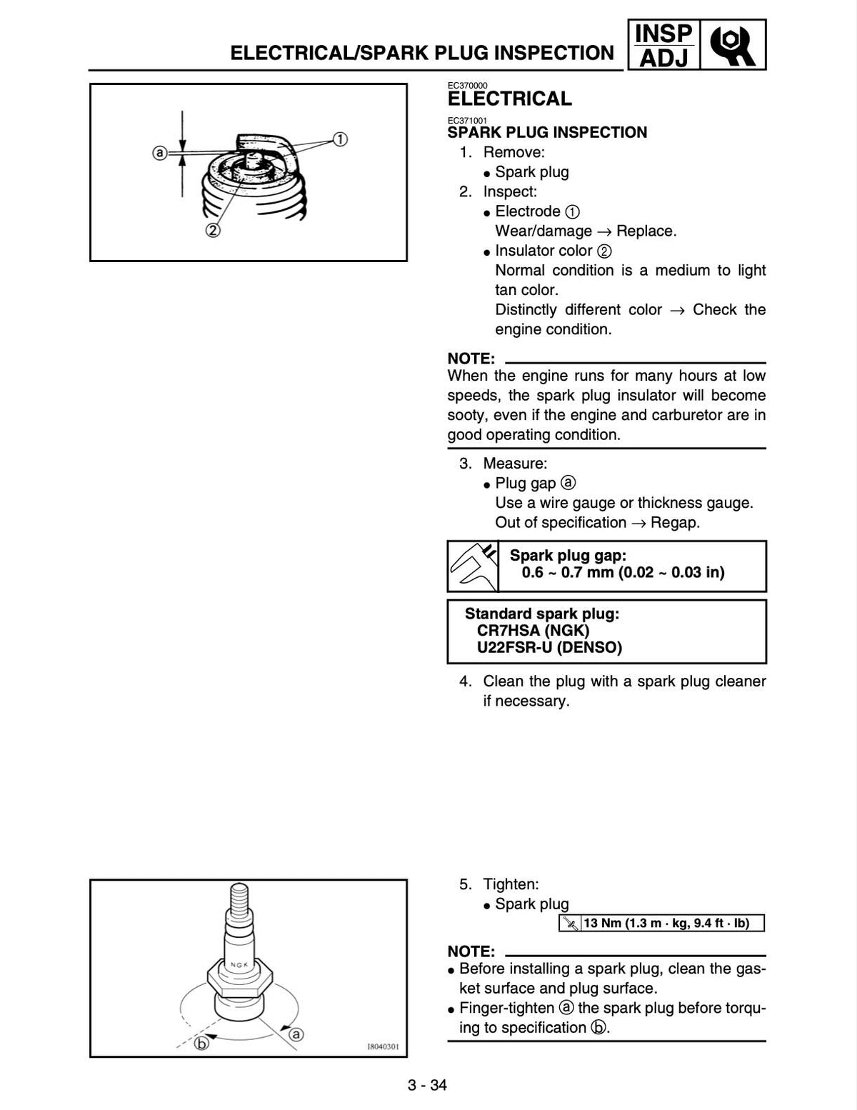 Yamaha TTR125 service manual page 3-34 with spark plug inspection diagram, gap specification and tightening steps