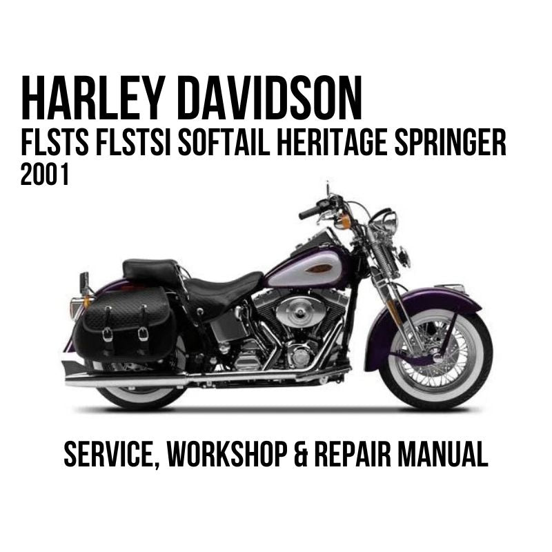 Harley-Davidson service and workshop repair manual cover for a 2001 Softail Heritage Springer, featuring a side profile of the motorcycle on a white background with black text.