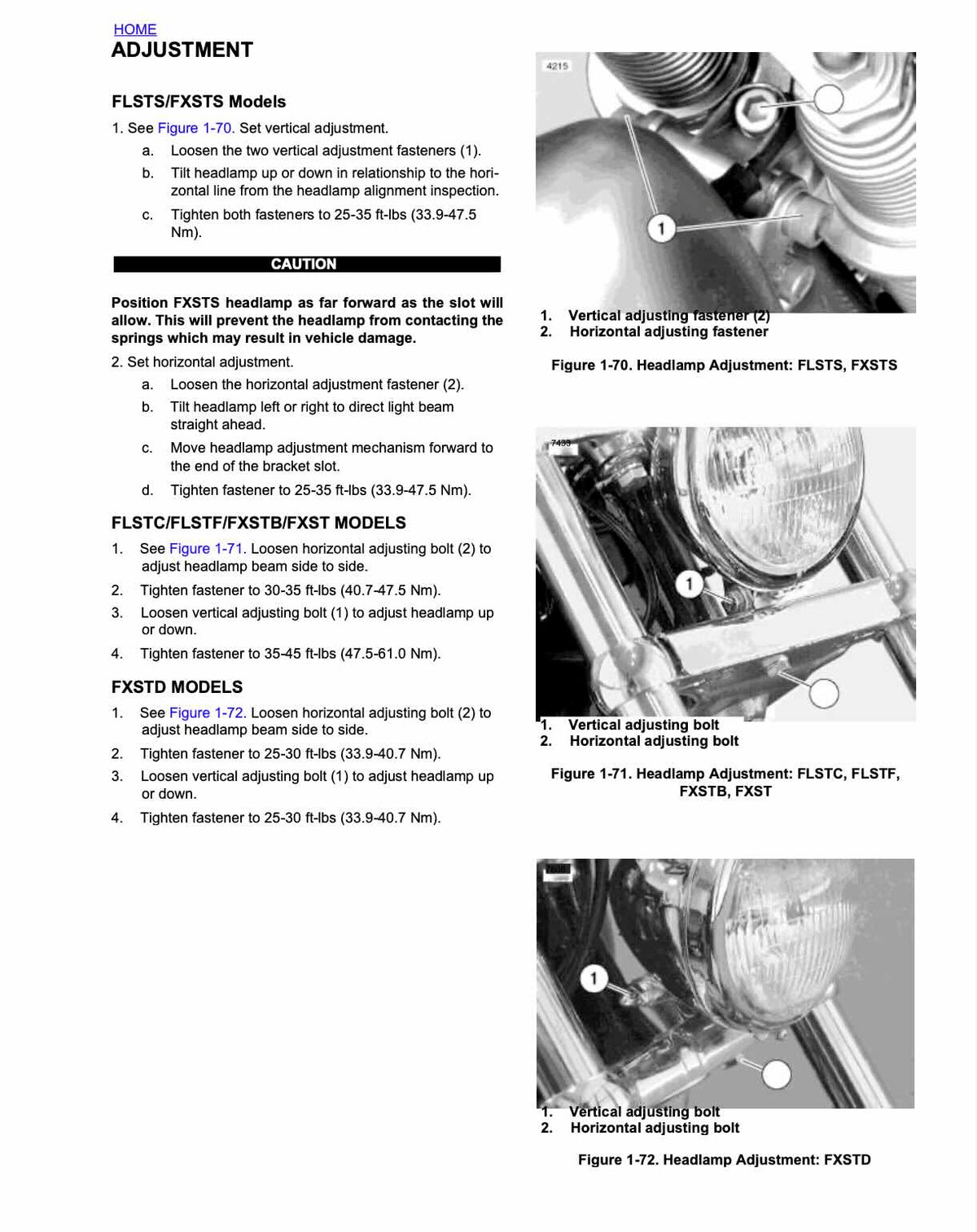 Harley-Davidson Softail service manual page with headlamp vertical and horizontal adjustment photos for FXSTB and related models