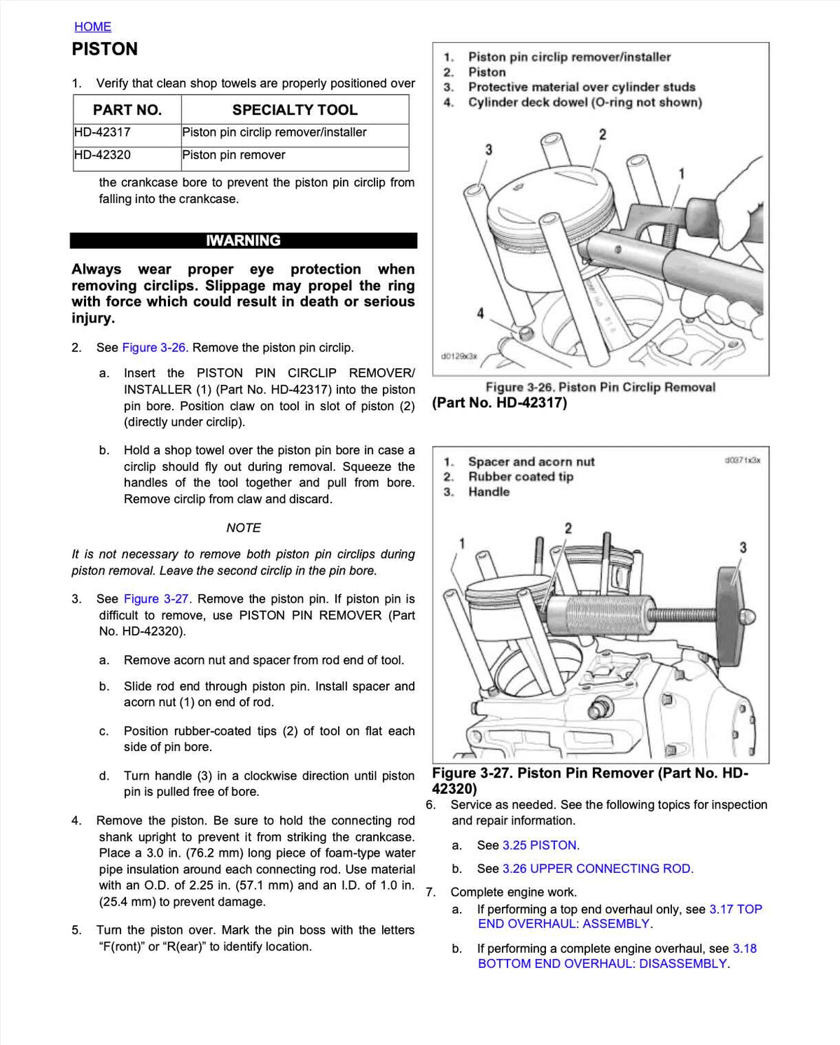 Harley-Davidson Softail service manual page with piston pin circlip and piston pin remover tool diagrams