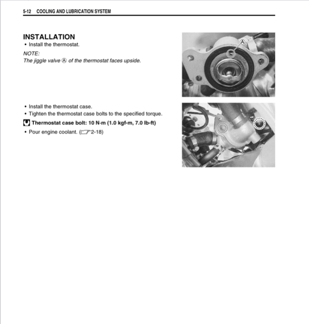 A page from an automotive service manual titled '5.12 COOLING AND LUBRICATION SYSTEM' with installation instructions and two black-and-white photos showing a thermostat and its installation.