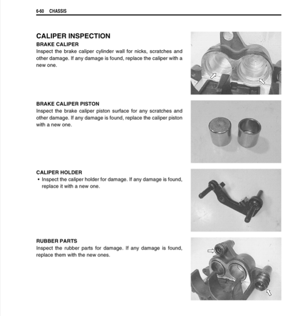 A printed page with headings for chassis inspection, including caliper inspection, brake caliper piston, caliper holder, and rubber parts, with small product photos and descriptive text.