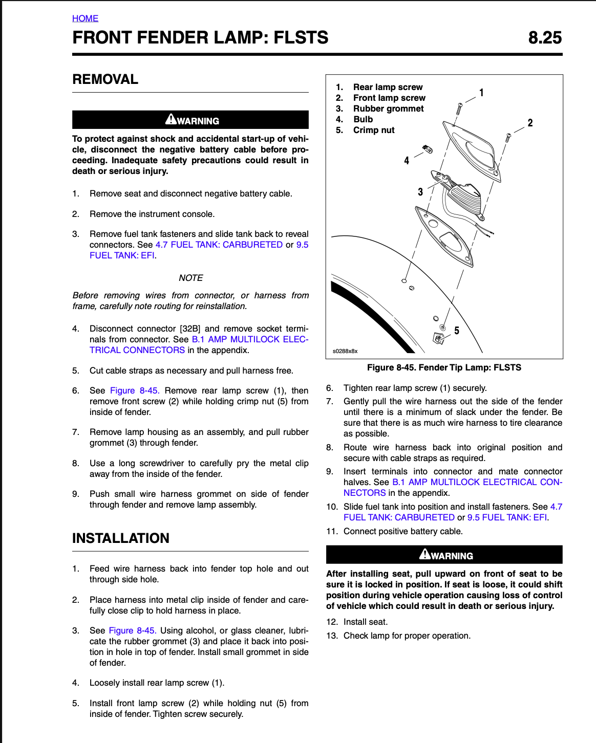 A printed installation and removal diagram for a front end lamp labeled FLST5, with warning labels, numbered steps, and a labeled schematic showing lamp parts and connection points.