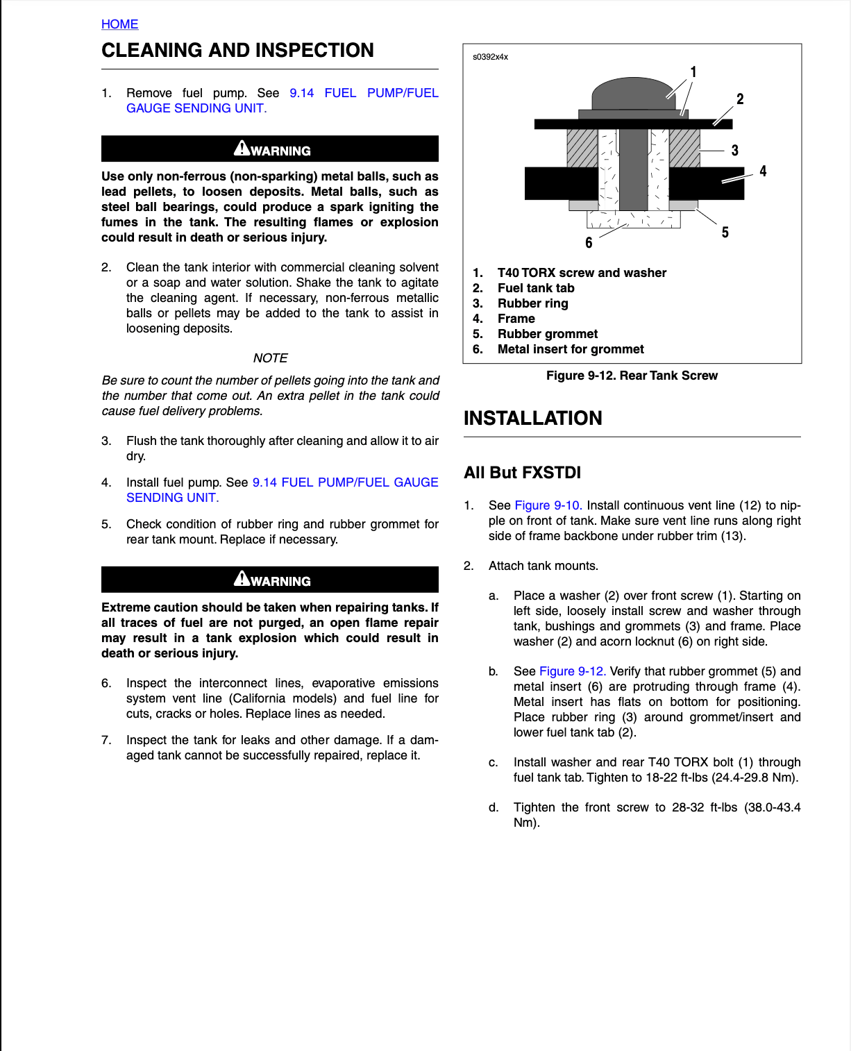 Instruction manual page for a fuel pump, showing cleaning and inspection steps, installation instructions, and a parts reference diagram with labels for T10, T16, frame, and rear tank screw.