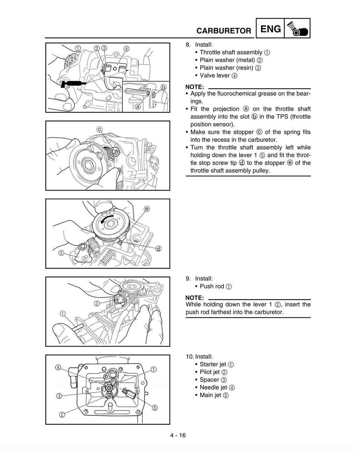 A black and white technical instruction sheet showing step-by-step installation diagrams for a carburetor, with numbered parts and brief instructions on how to install and align the carburetor components.