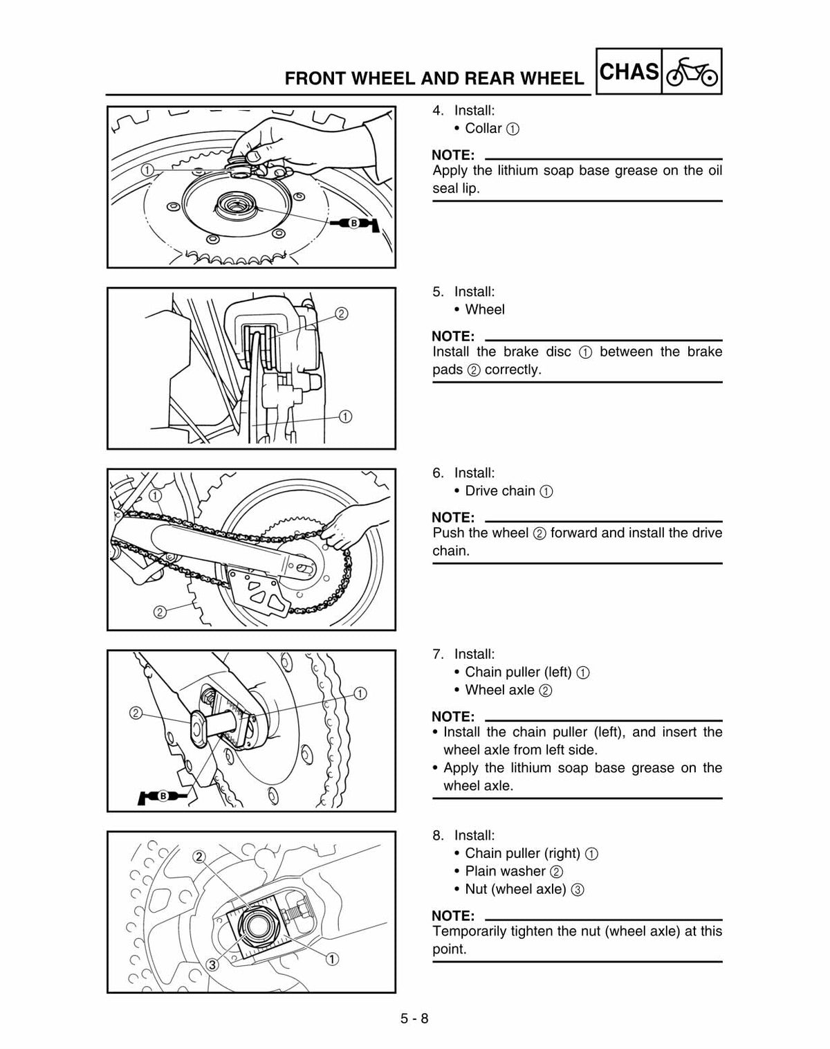 Instruction manual page for a Chasis motorcycle, showing step-by-step installation diagrams for the front and rear wheels with numbered parts and brief instructions.