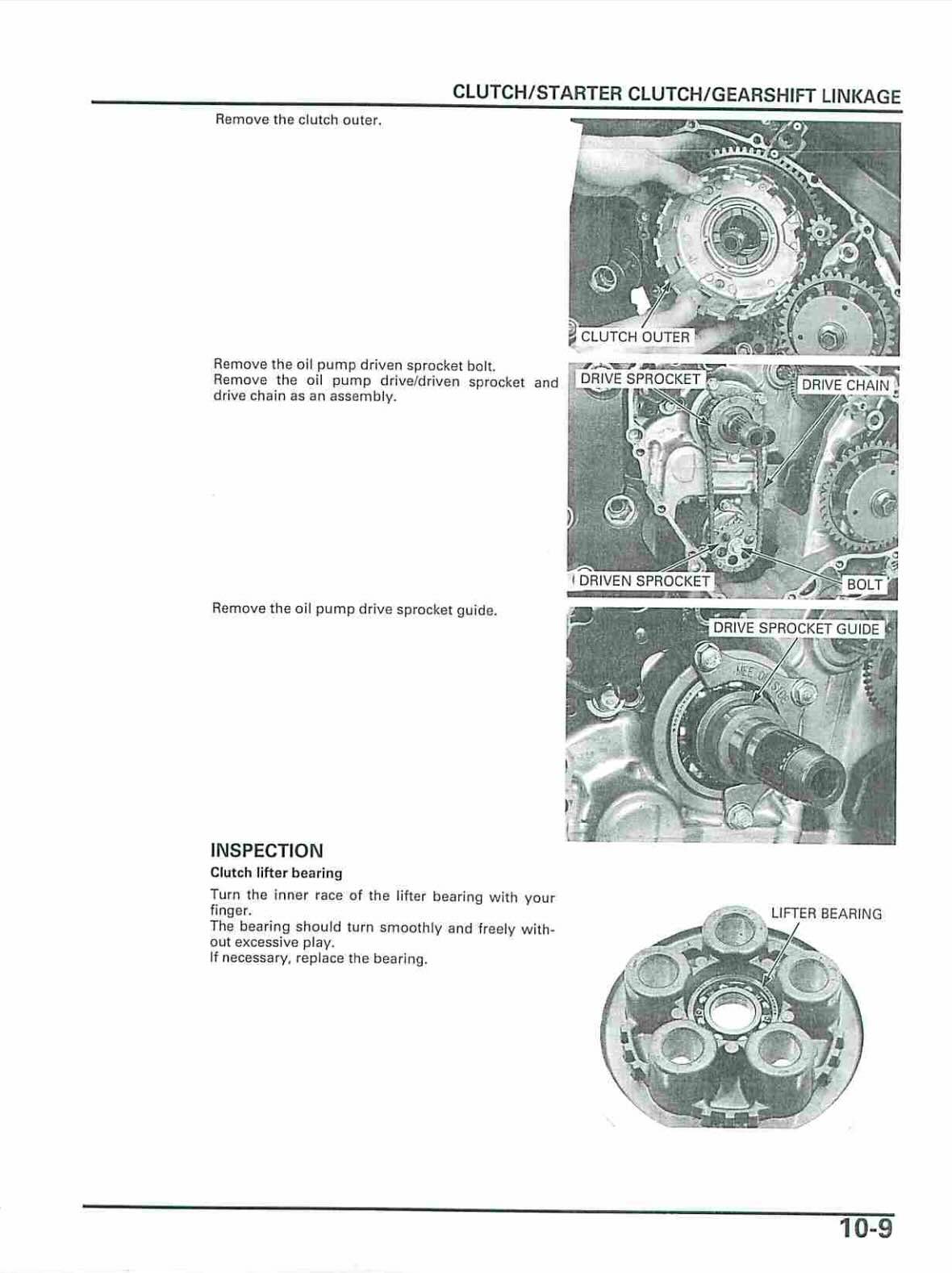 Honda CBR600RR service manual page with clutch outer and oil pump drive sprocket removal photos plus lifter bearing inspection diagram