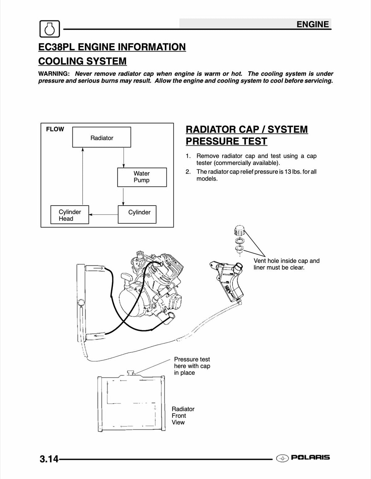 Polaris Trail Blazer service manual page 3.14 cooling system flow and radiator pressure test diagrams
