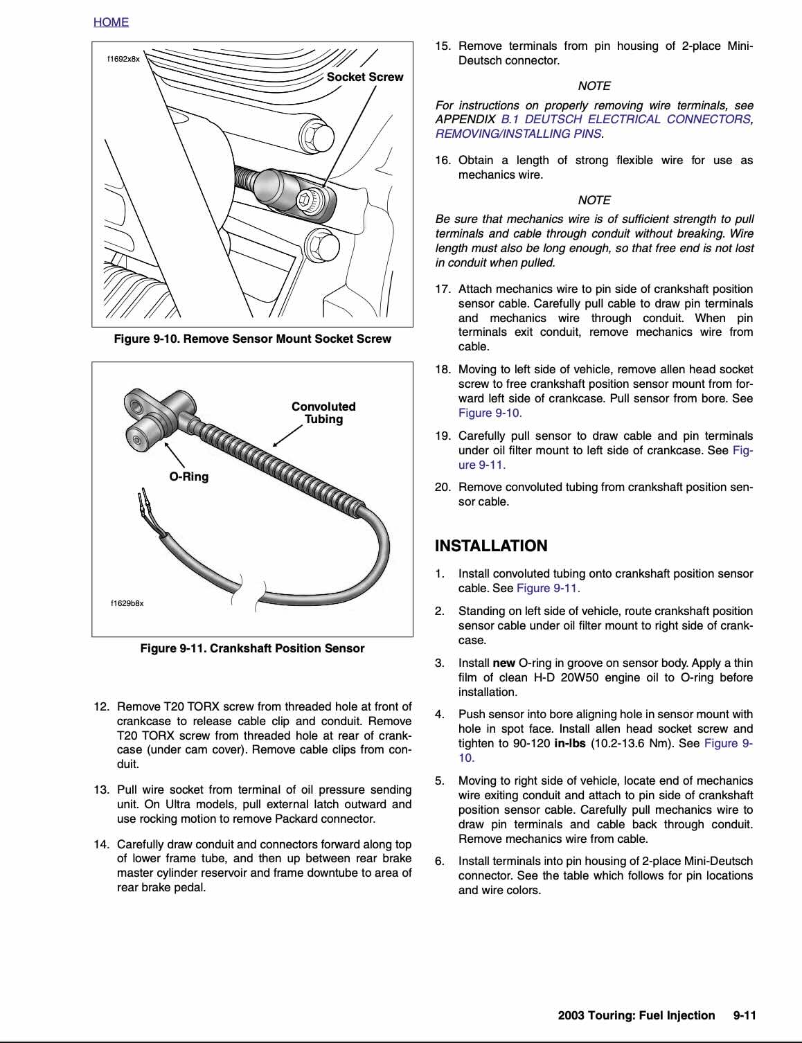 Harley-Davidson 2003 Touring service manual page 9-11 fuel injection with crankshaft position sensor removal and installation, sensor mount socket screw diagram, convoluted tubing and O-ring details, mechanics wire routing through conduit, and Mini-Deutsch connector pin terminal procedures