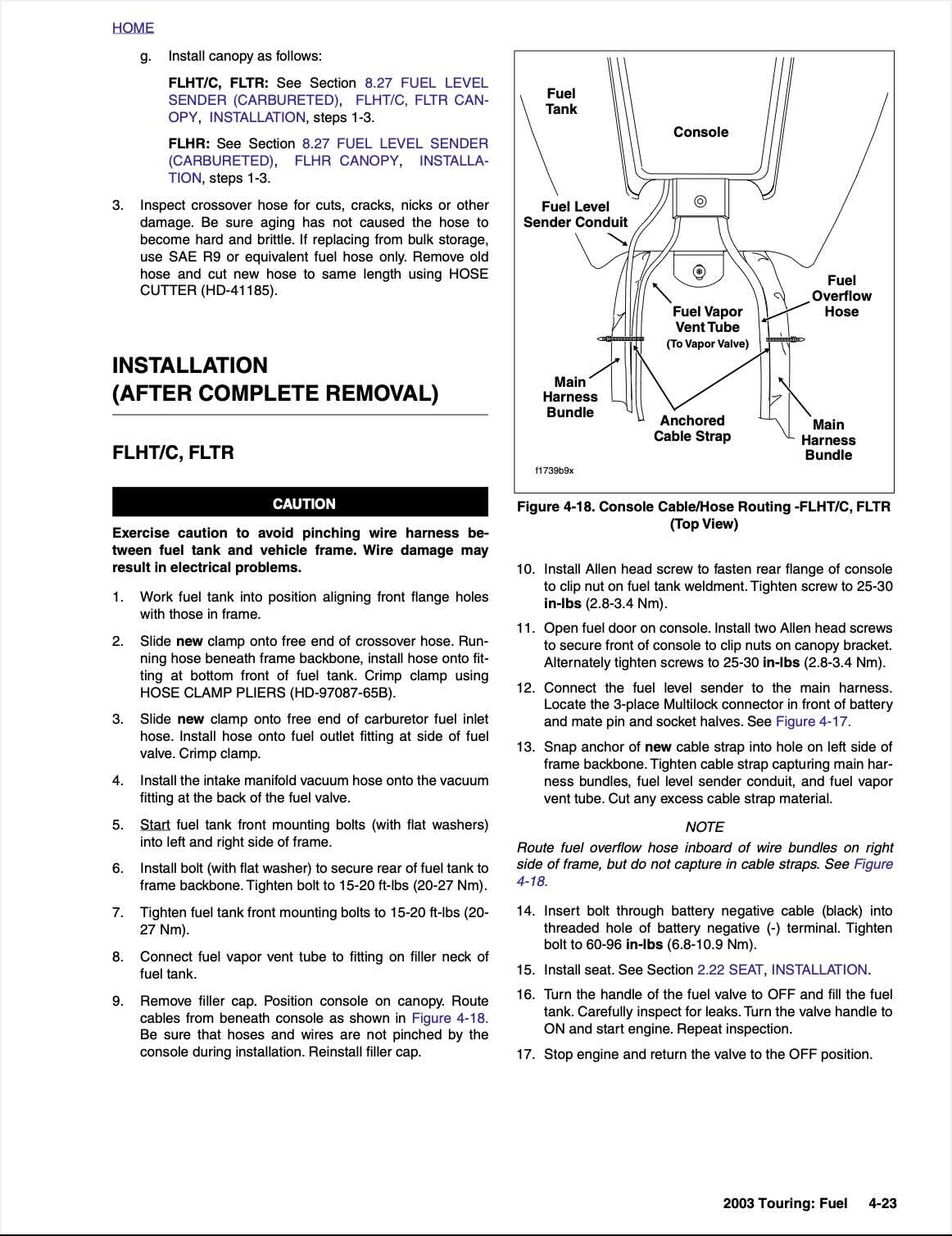 Harley-Davidson 2003 Touring service manual page 4-23 fuel system with fuel tank installation for FLHT/C and FLTR models, console cable and hose routing diagram, fuel level sender conduit, vapor vent tube, crossover hose clamp procedures, and fuel tank mounting bolt torque specifications 15-20 ft-lbs