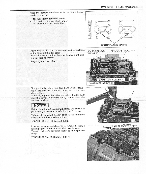 A black-and-white technical instruction sheet showing diagrams and torque values for installing cylinder head/valves, with labeled parts and step-by-step application notes.
