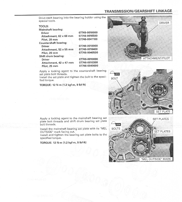 A technical service manual page for transmission and gearshift linkage, featuring diagrams, part lists, and installation instructions with torque specifications.